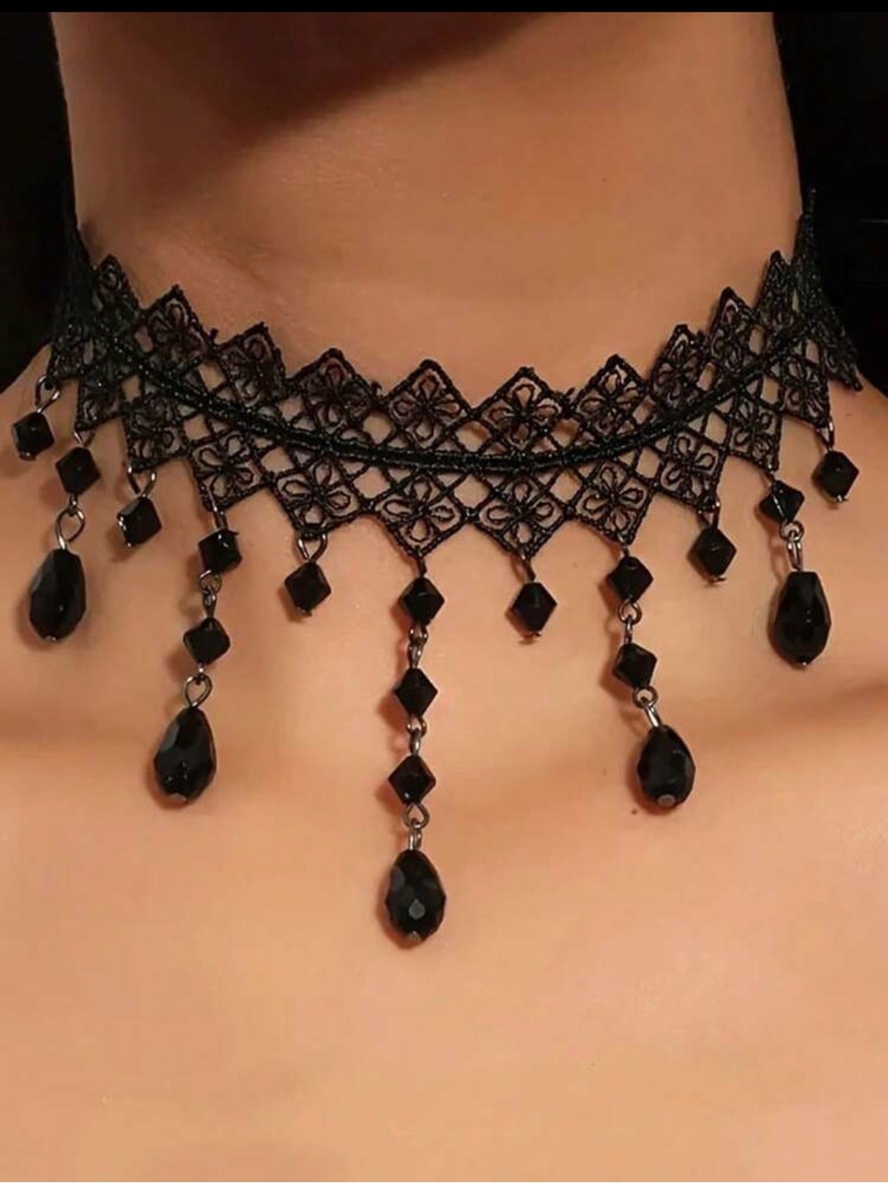 Black Lace Choker Necklace with Dangling Beads - Picture 5 of 5